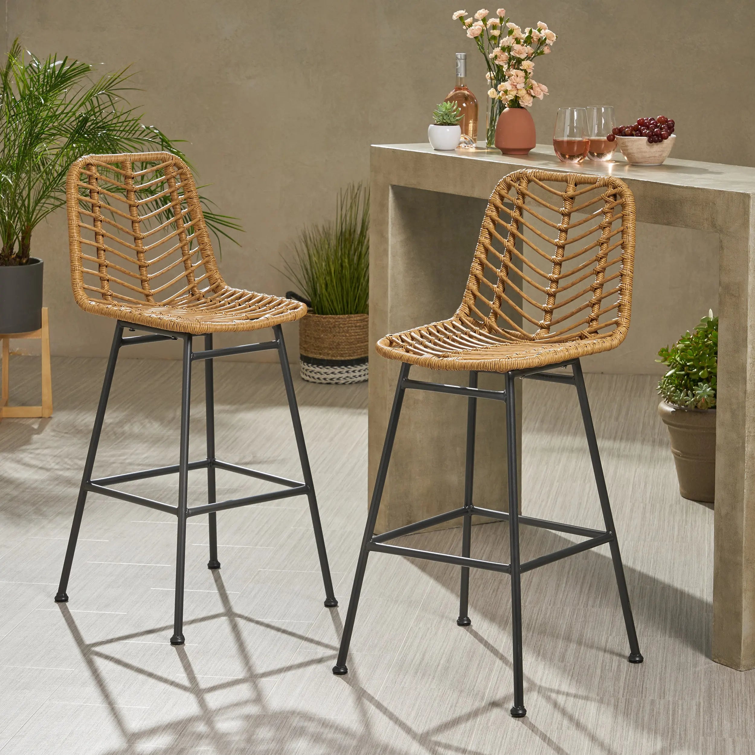 Set of Two 30" Black and Brown Iron Outdoor Bar Height Chairs Homeroots Outdoor