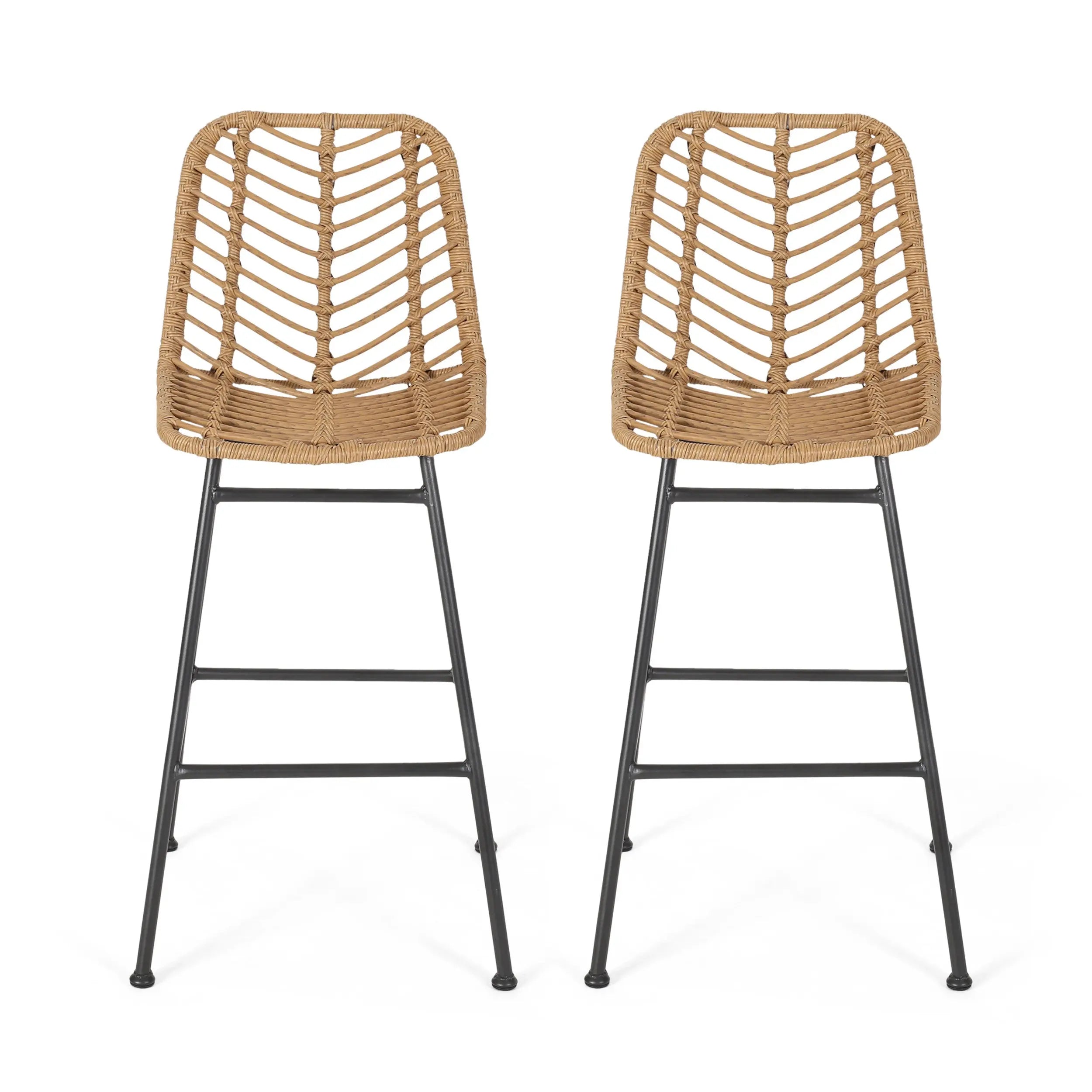 Set of Two 30" Black and Brown Iron Outdoor Bar Height Chairs Homeroots Outdoor