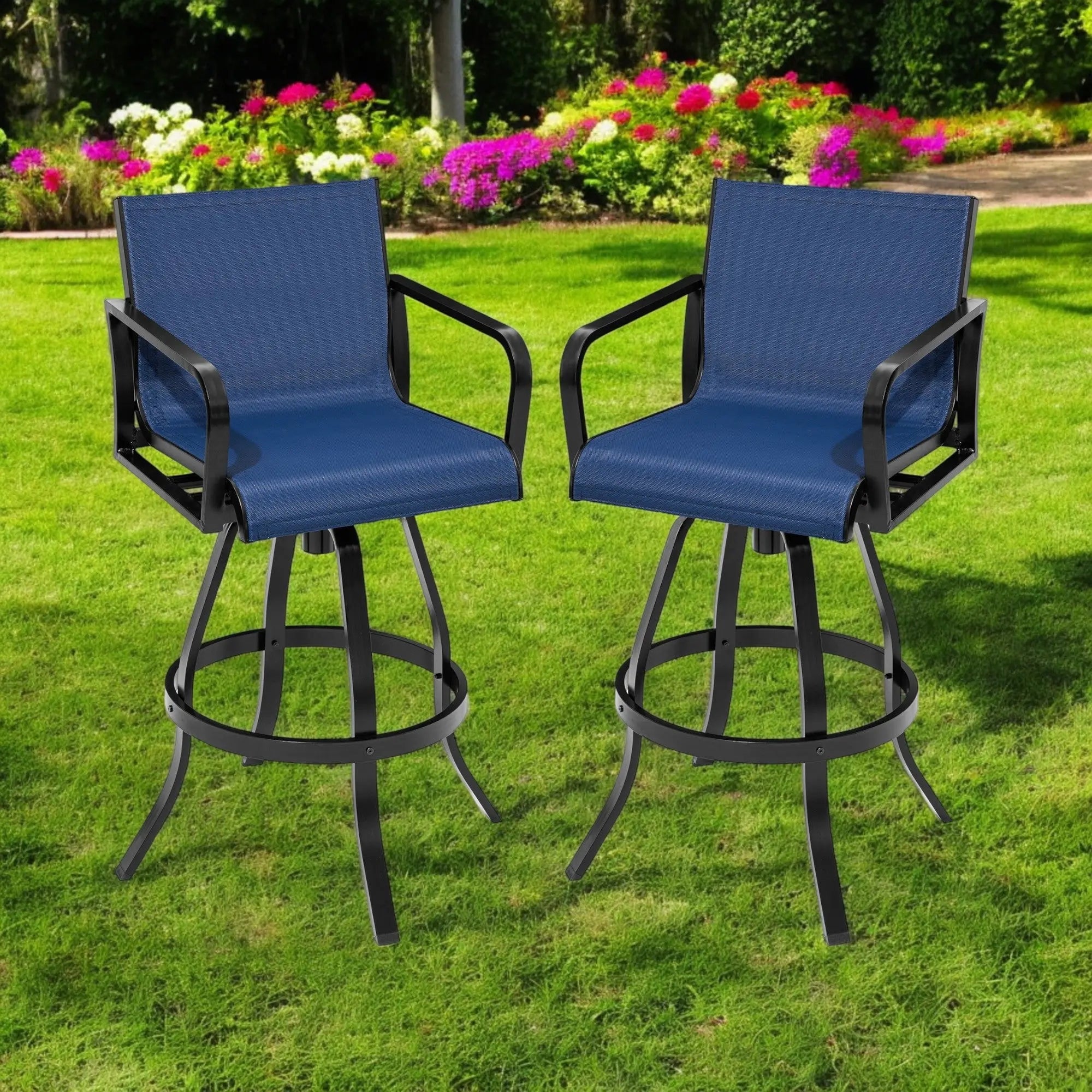 Set of Two 30" Black and Navy Blue Aluminum Swivel Outdoor Bar Height Chairs Homeroots Outdoor