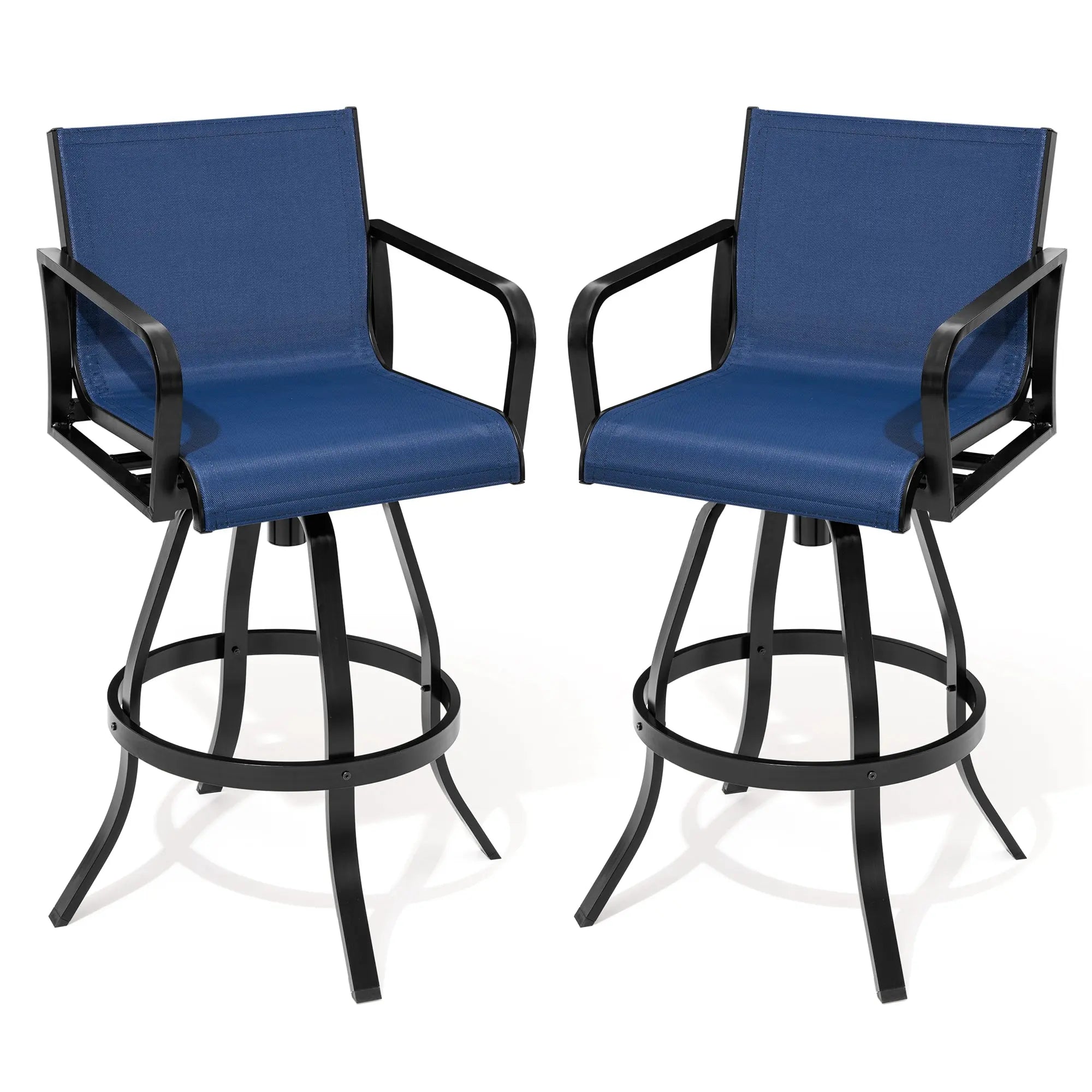 Set of Two 30" Black and Navy Blue Aluminum Swivel Outdoor Bar Height Chairs Homeroots Outdoor