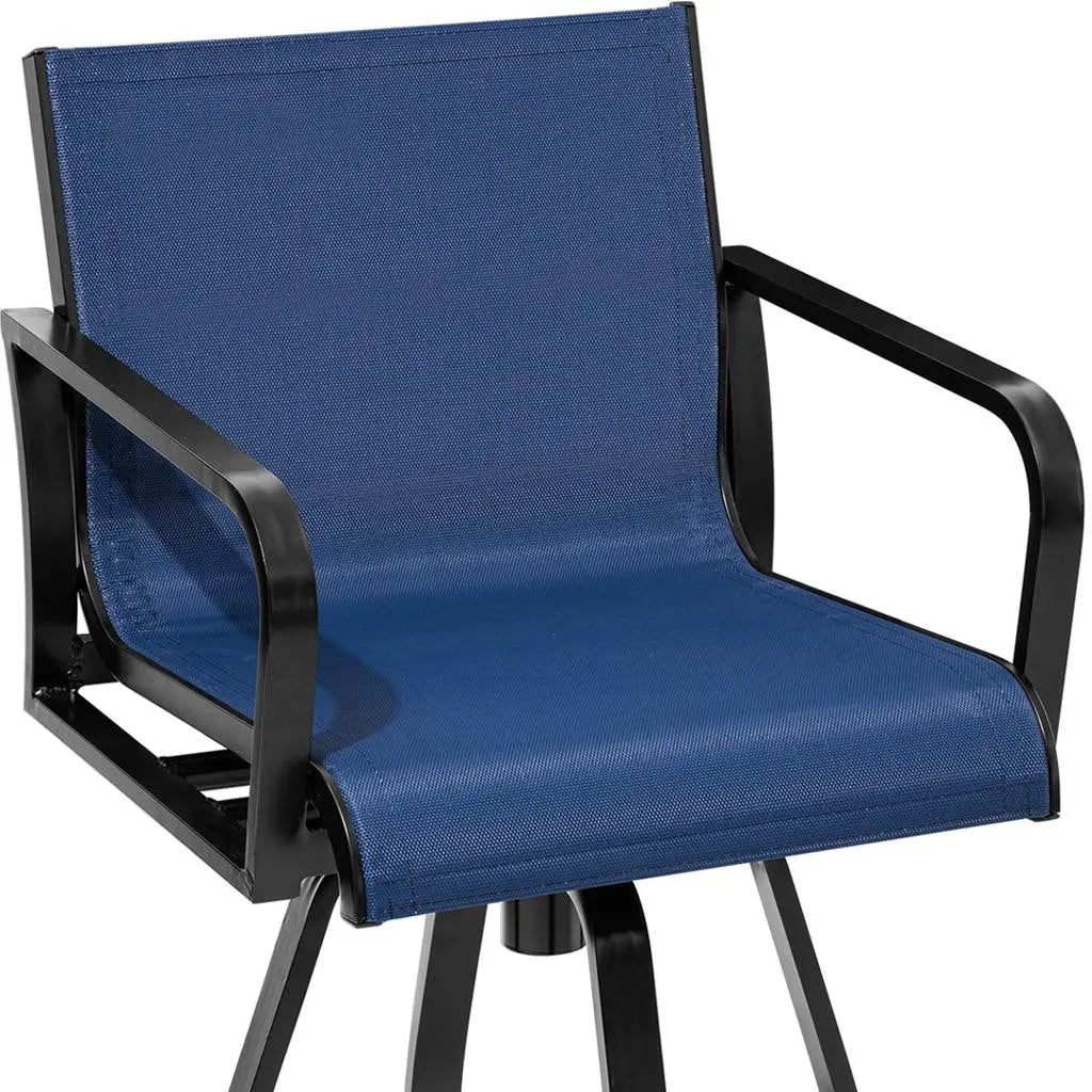 Set of Two 30" Black and Navy Blue Aluminum Swivel Outdoor Bar Height Chairs Homeroots Outdoor