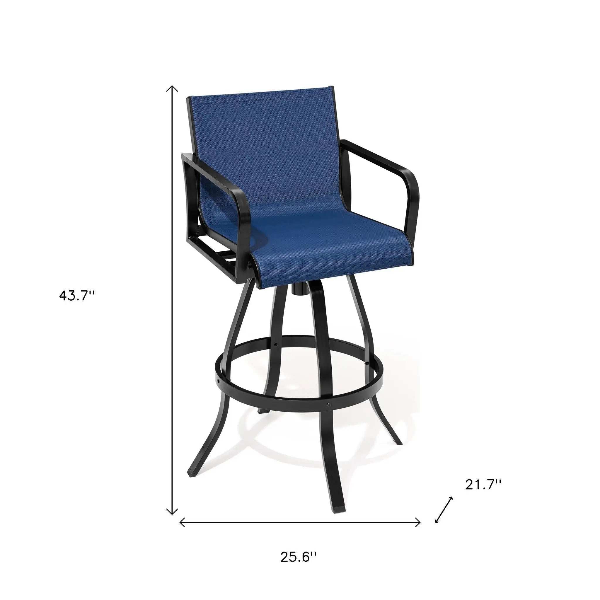 Set of Two 30" Black and Navy Blue Aluminum Swivel Outdoor Bar Height Chairs Homeroots Outdoor
