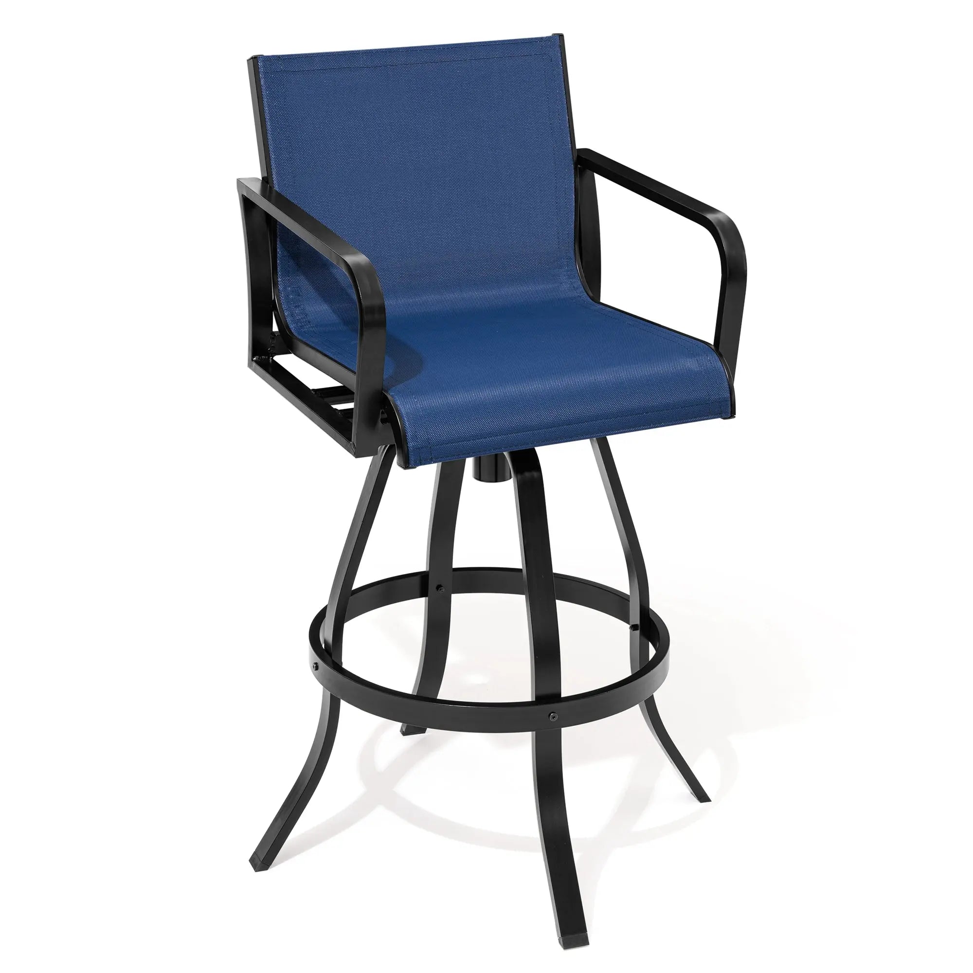Set of Two 30" Black and Navy Blue Aluminum Swivel Outdoor Bar Height Chairs Homeroots Outdoor