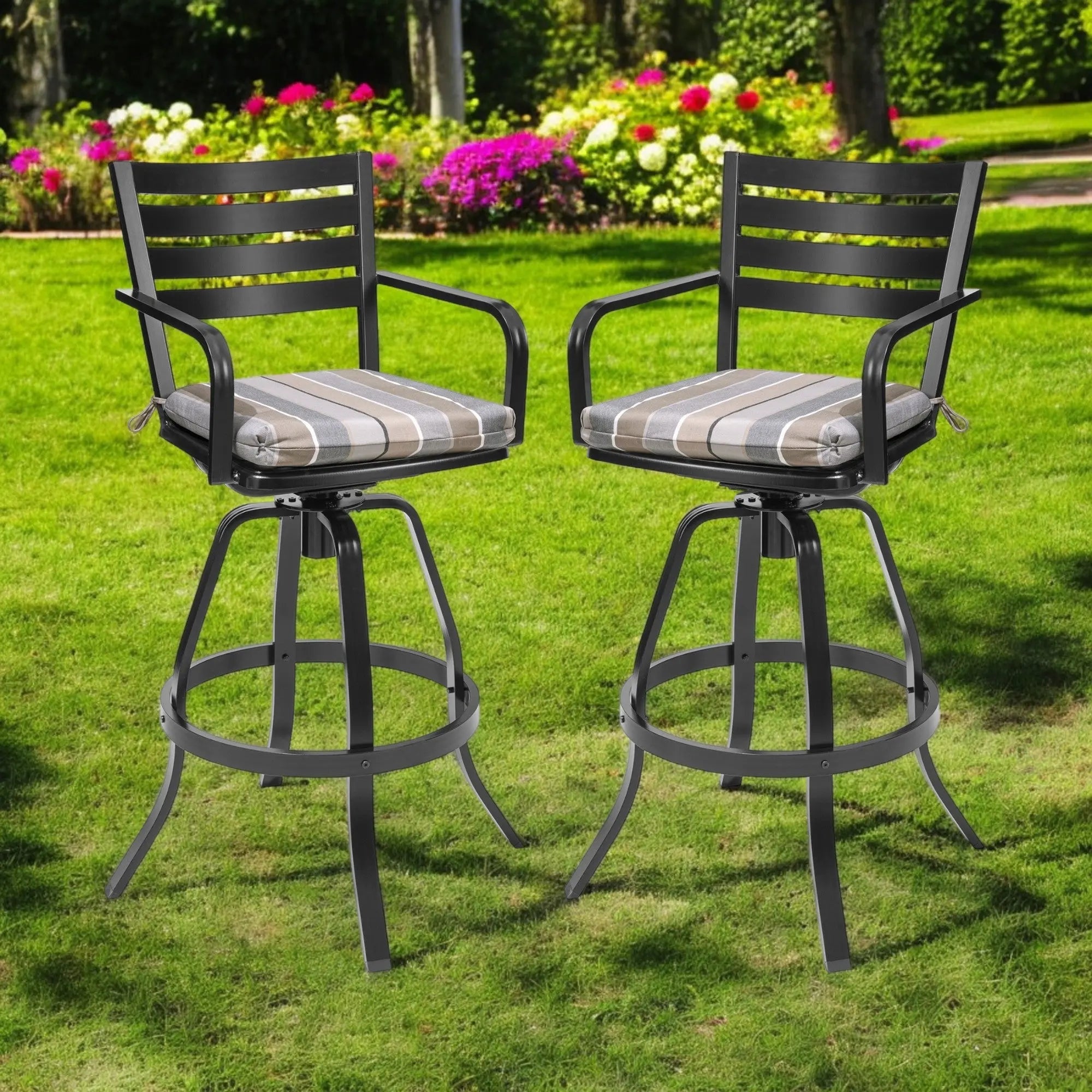 Set of Two 30" Black and Off White Aluminum Swivel Outdoor Bar Height Chairs Homeroots Outdoor