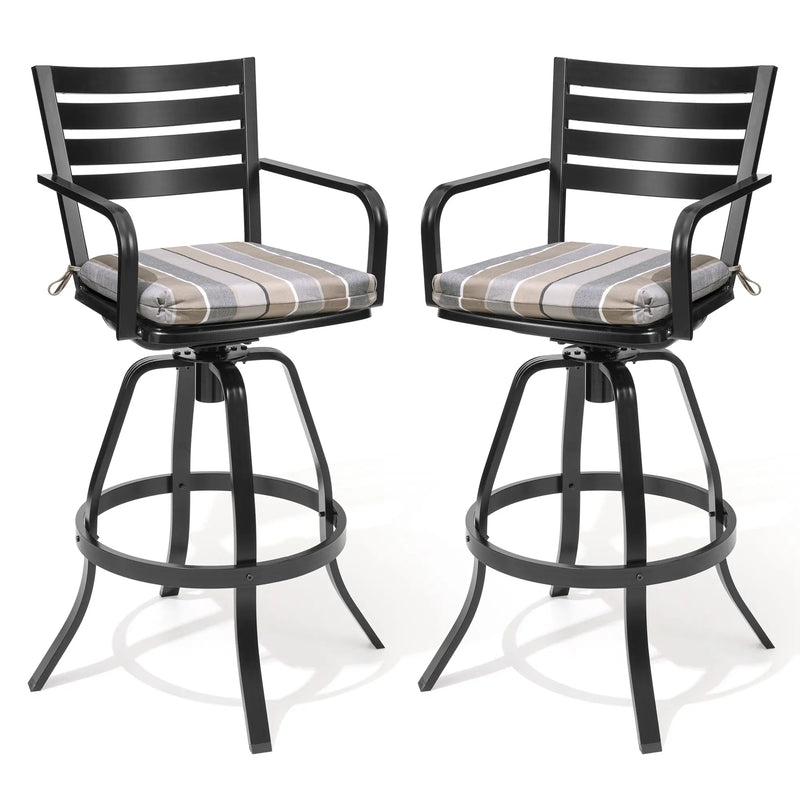 Set of Two 30" Black and Off White Aluminum Swivel Outdoor Bar Height Chairs Homeroots Outdoor