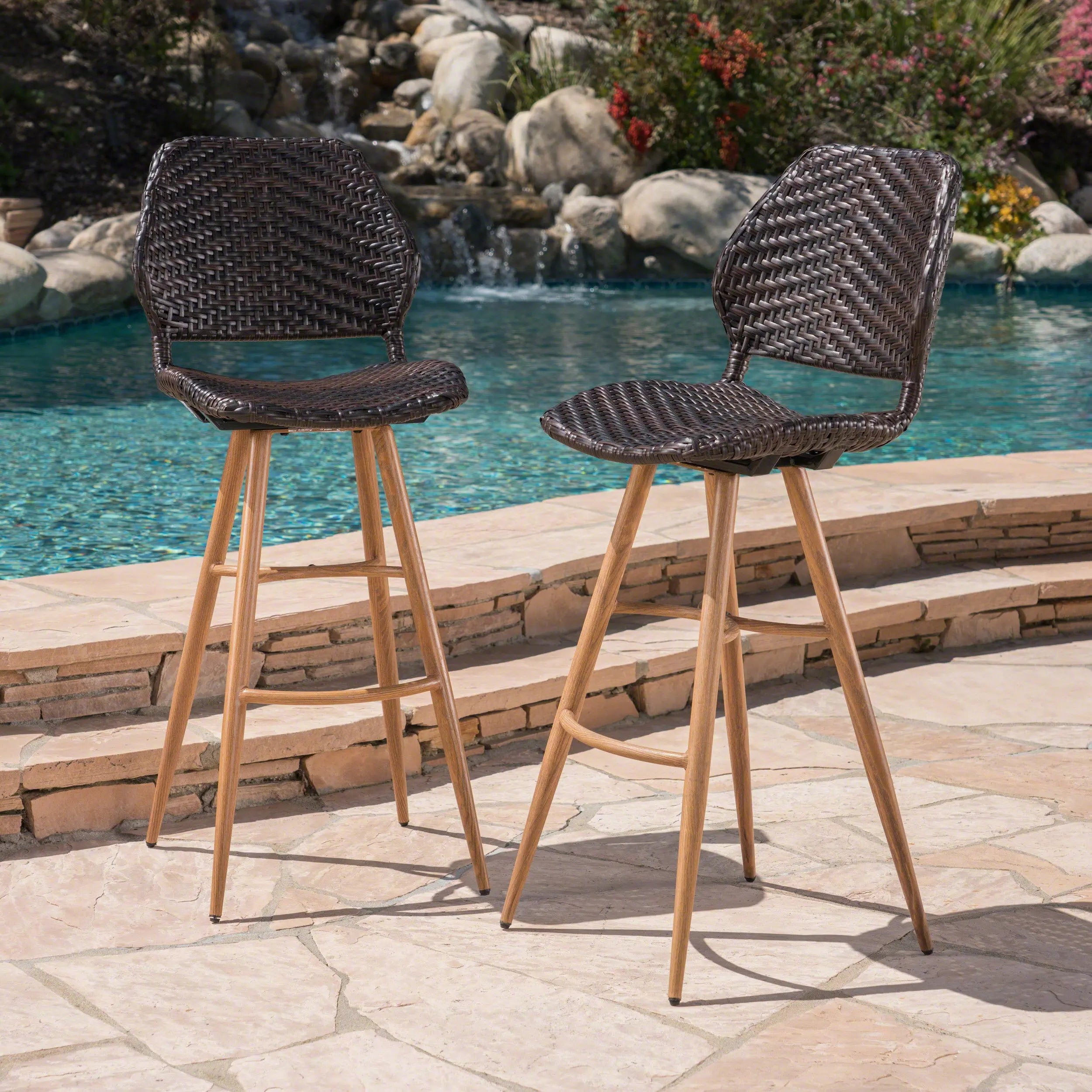 Set of Two 30" Brown Iron Outdoor Bar Height Chairs Homeroots Outdoor
