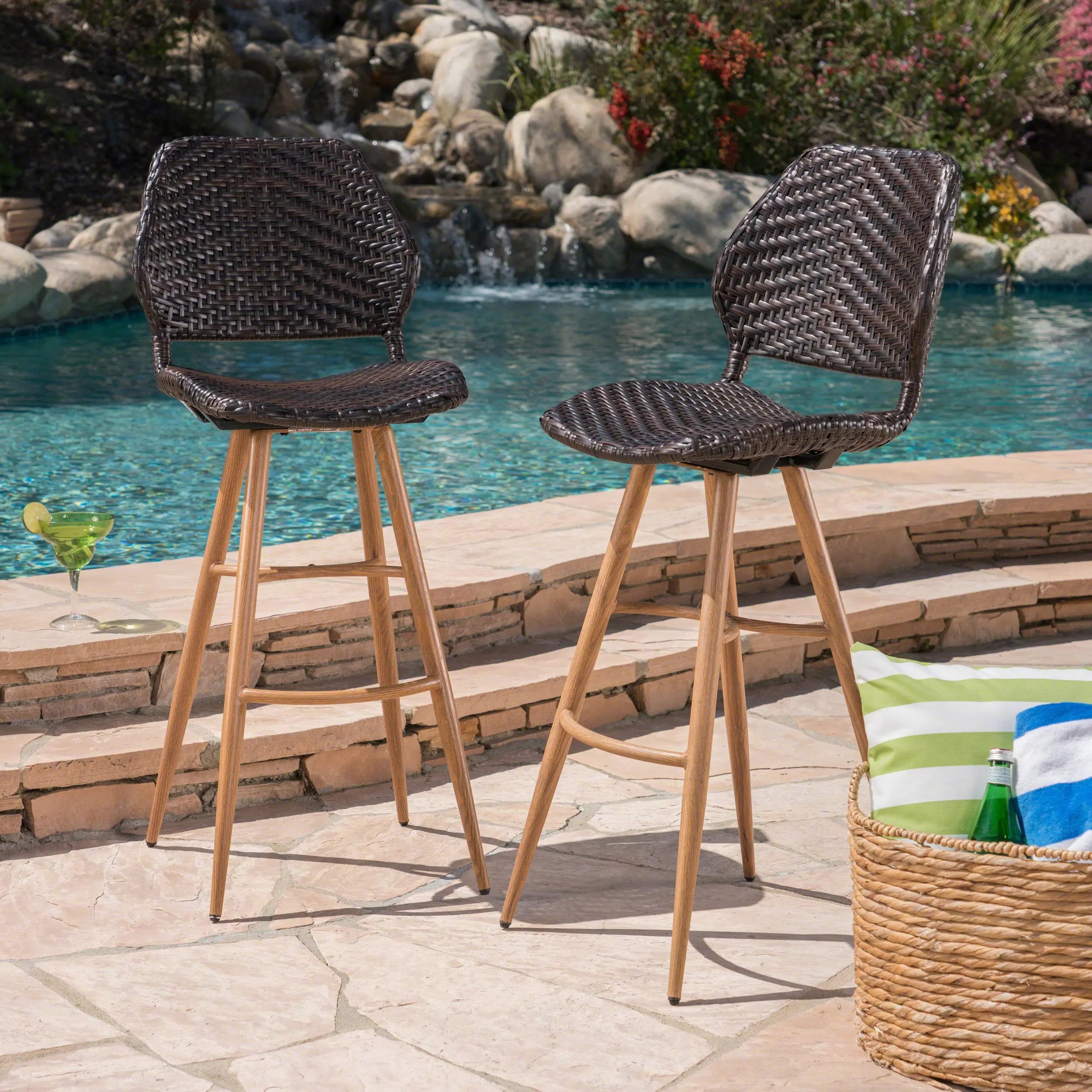 Set of Two 30" Brown Iron Outdoor Bar Height Chairs Homeroots Outdoor