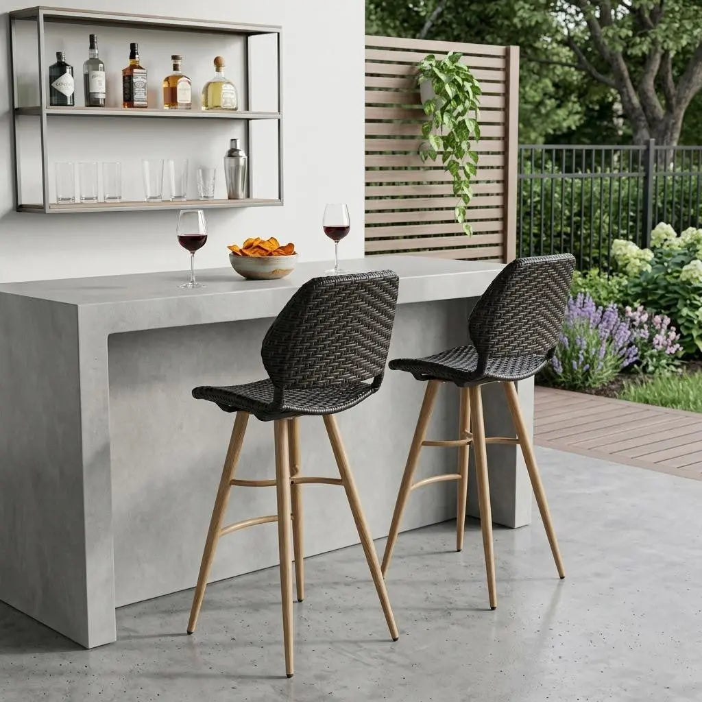 Set of Two 30" Brown Iron Outdoor Bar Height Chairs Homeroots Outdoor