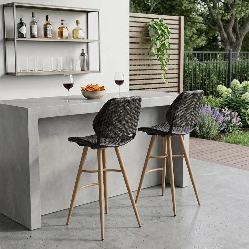Set of Two 30" Brown Iron Outdoor Bar Height Chairs Homeroots Outdoor