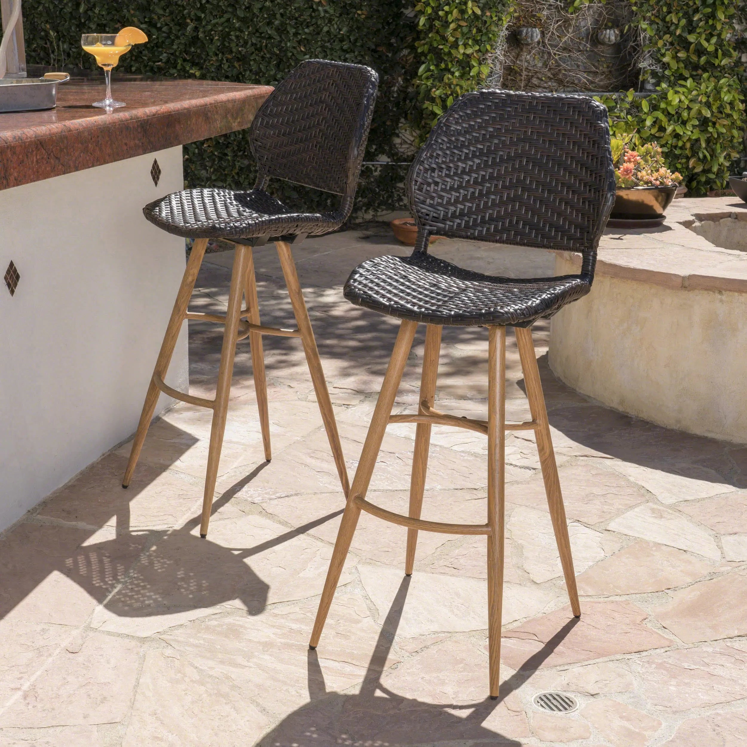 Set of Two 30" Brown Iron Outdoor Bar Height Chairs Homeroots Outdoor