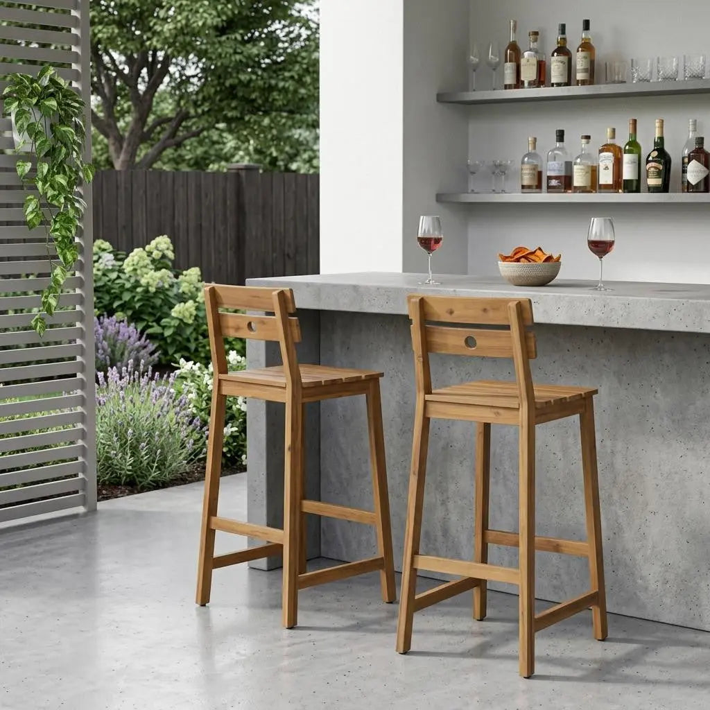 Set of Two 30" Brown Solid Wood Outdoor Bar Height Chairs Homeroots Outdoor