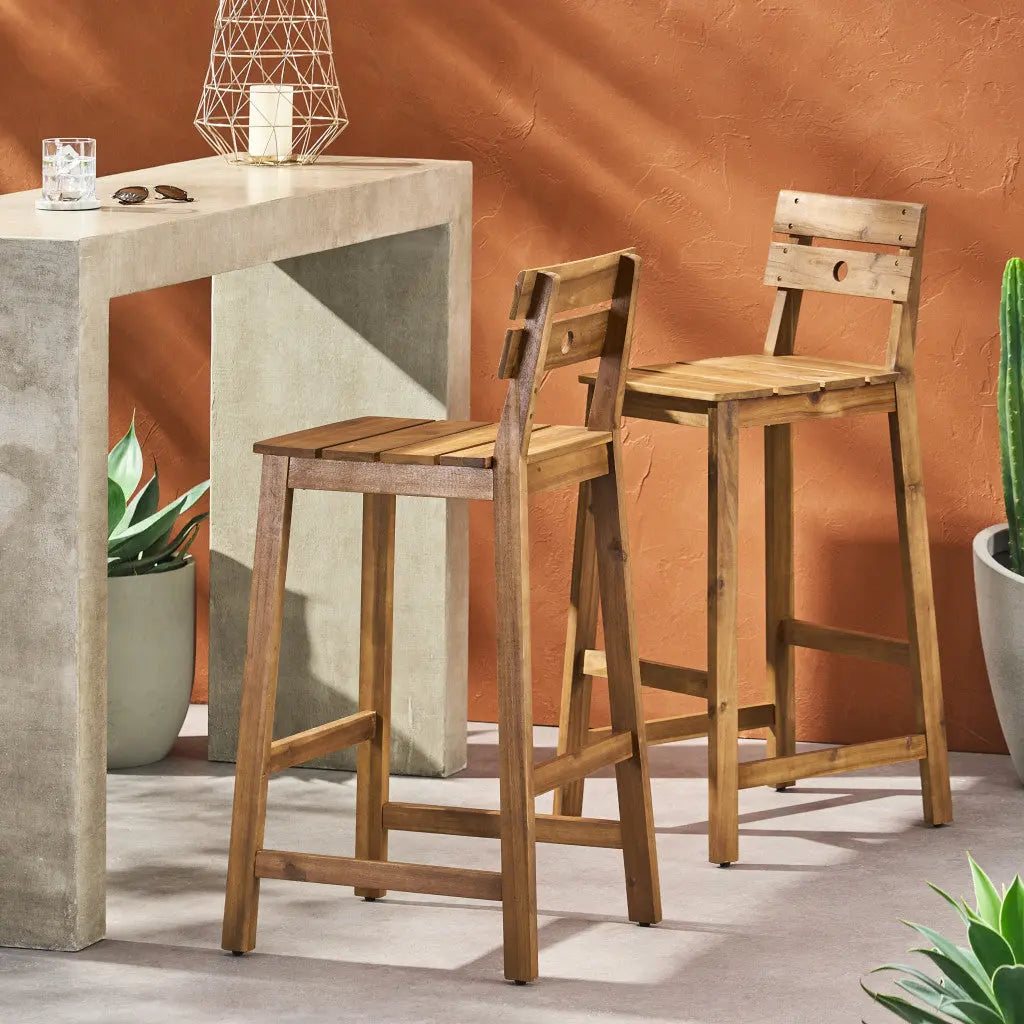 Set of Two 30" Brown Solid Wood Outdoor Bar Height Chairs Homeroots Outdoor