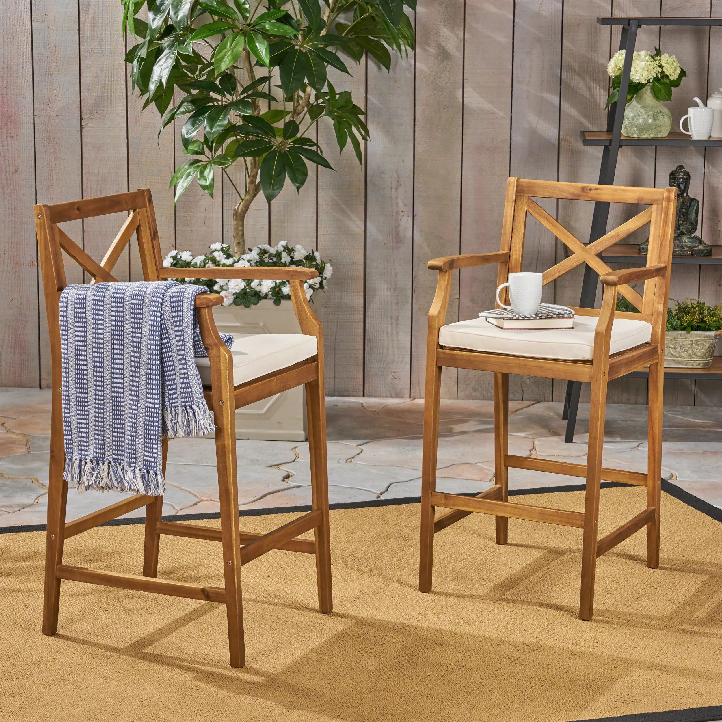 Set of Two 30" Brown Solid Wood Outdoor Bar Height Chairs Homeroots Outdoor