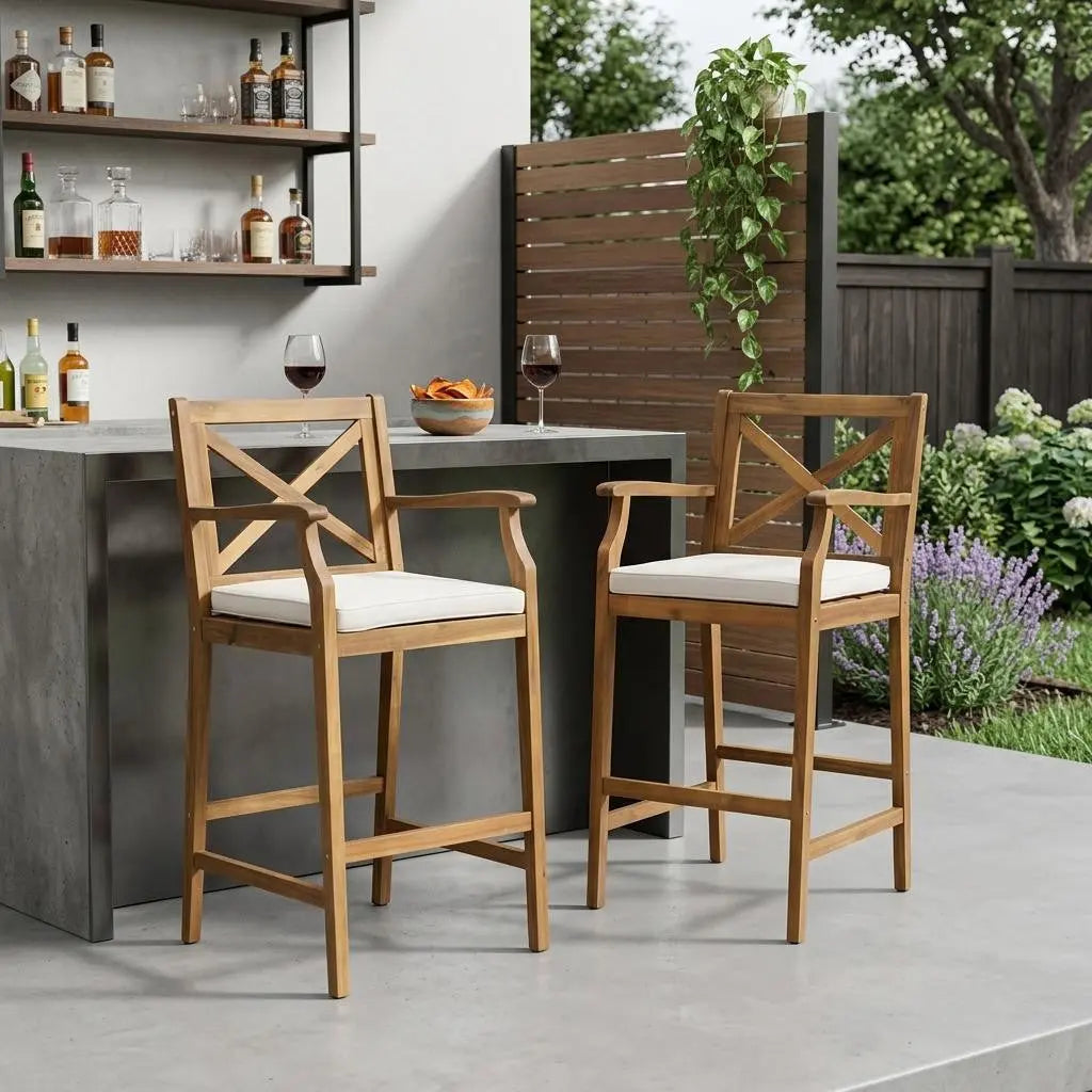 Set of Two 30" Brown Solid Wood Outdoor Bar Height Chairs Homeroots Outdoor