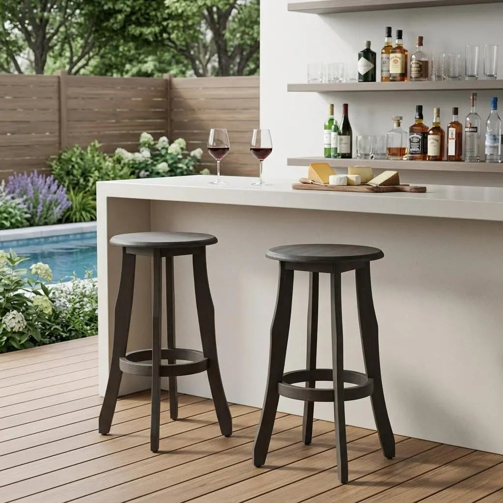 Set of Two 30" Dark Gray Solid Wood Backless Outdoor Bar Height Chairs Homeroots Outdoor