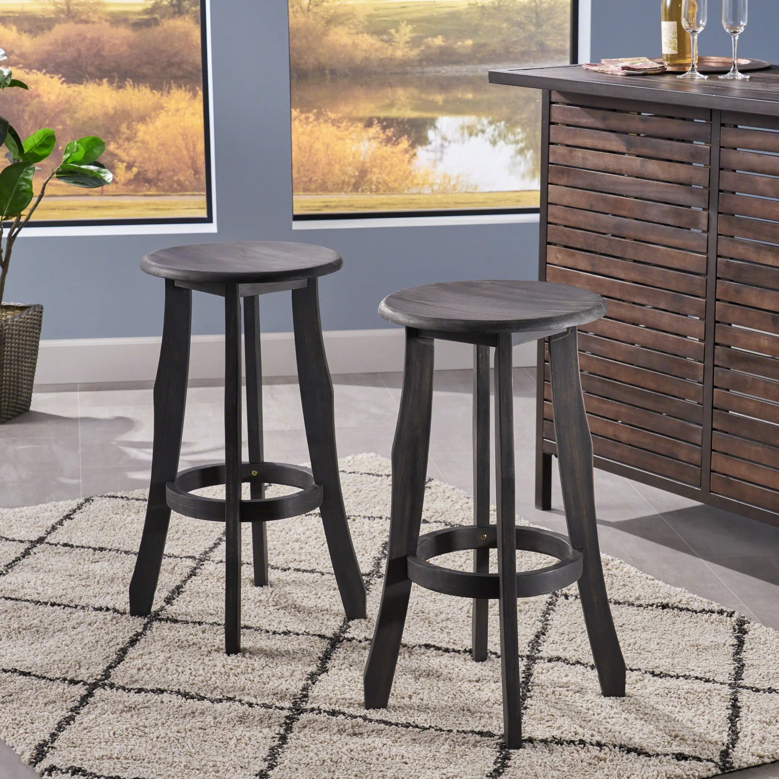 Set of Two 30" Dark Gray Solid Wood Backless Outdoor Bar Height Chairs Homeroots Outdoor