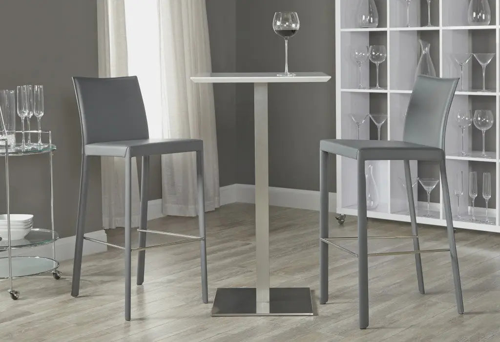 Set of Two 30" Gray Faux Leather and Steel Bar Height Bar Chairs Homeroots Living Room