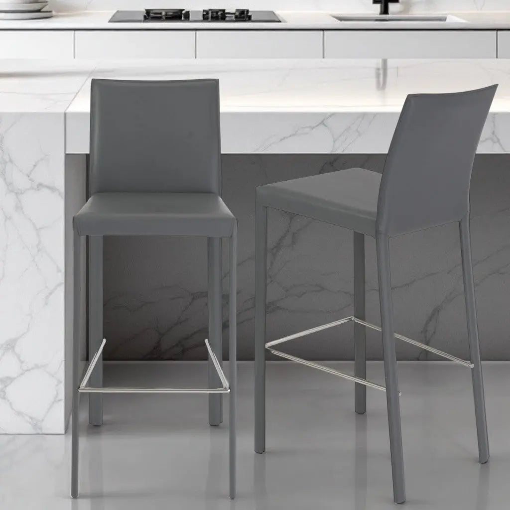 Set of Two 30" Gray Faux Leather and Steel Bar Height Bar Chairs Homeroots Living Room