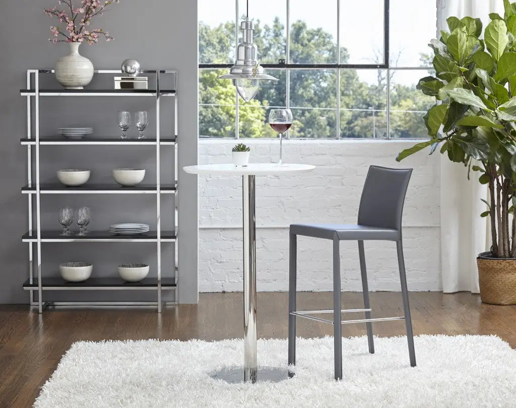 Set of Two 30" Gray Faux Leather and Steel Bar Height Bar Chairs Homeroots Living Room