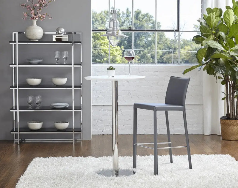 Set of Two 30" Gray Faux Leather and Steel Bar Height Bar Chairs Homeroots Living Room