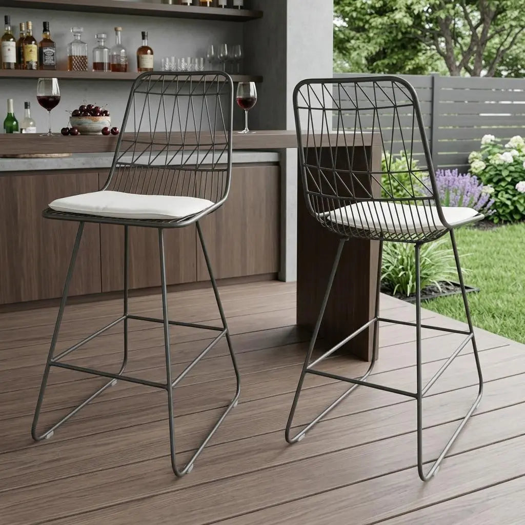 Set of Two 30" Gray Iron Outdoor Bar Height Chairs Homeroots Outdoor