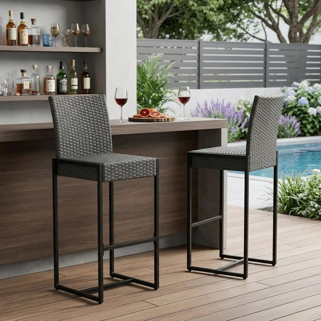 Set of Two 30" Gray Iron Outdoor Bar Height Chairs Homeroots Outdoor