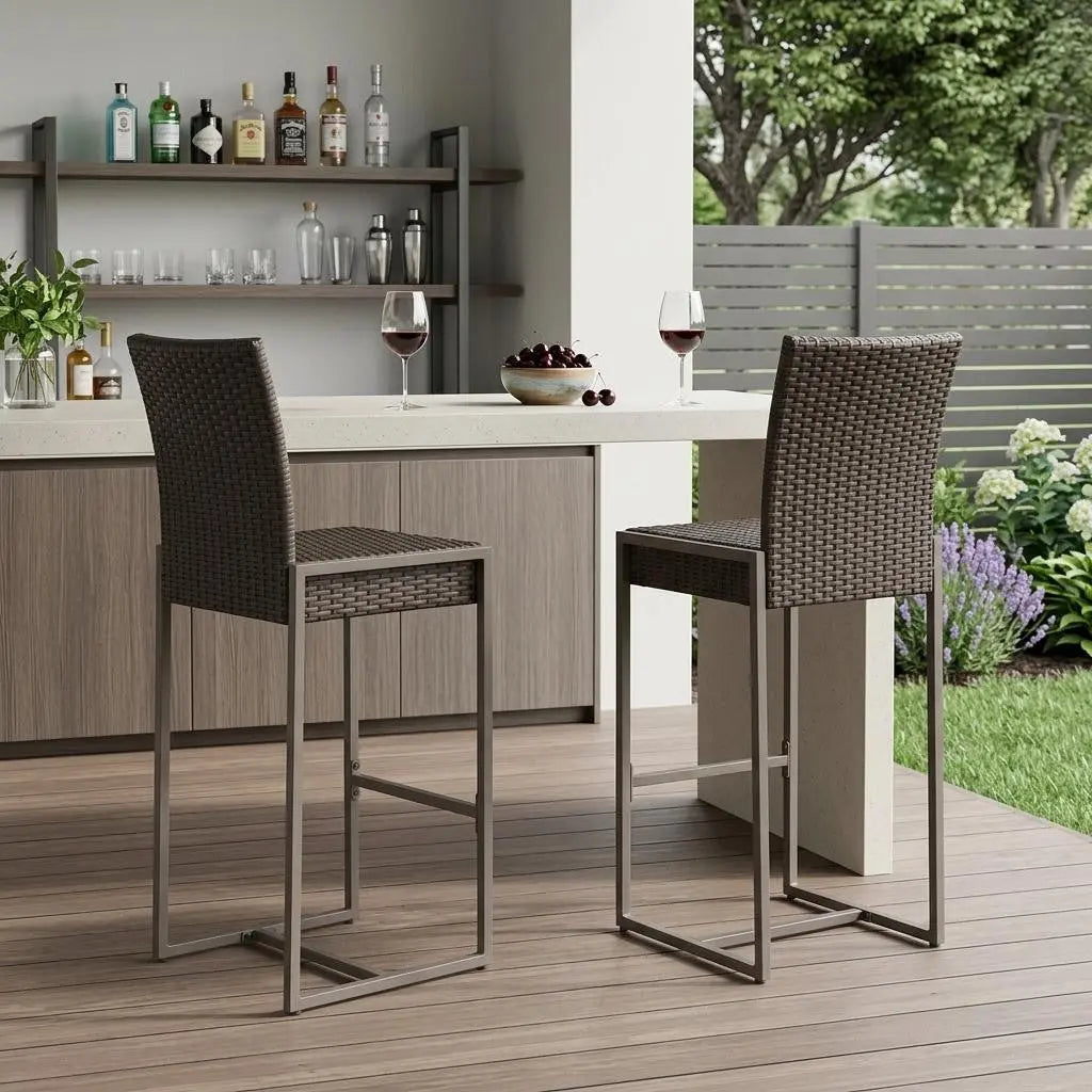 Set of Two 30" Gray and Dark Brown Iron Outdoor Bar Height Chairs Homeroots Outdoor