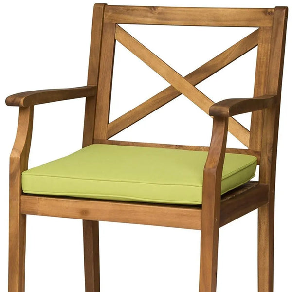 Set of Two 30" Natural and Green Solid Wood Outdoor Bar Height Chairs Homeroots Outdoor