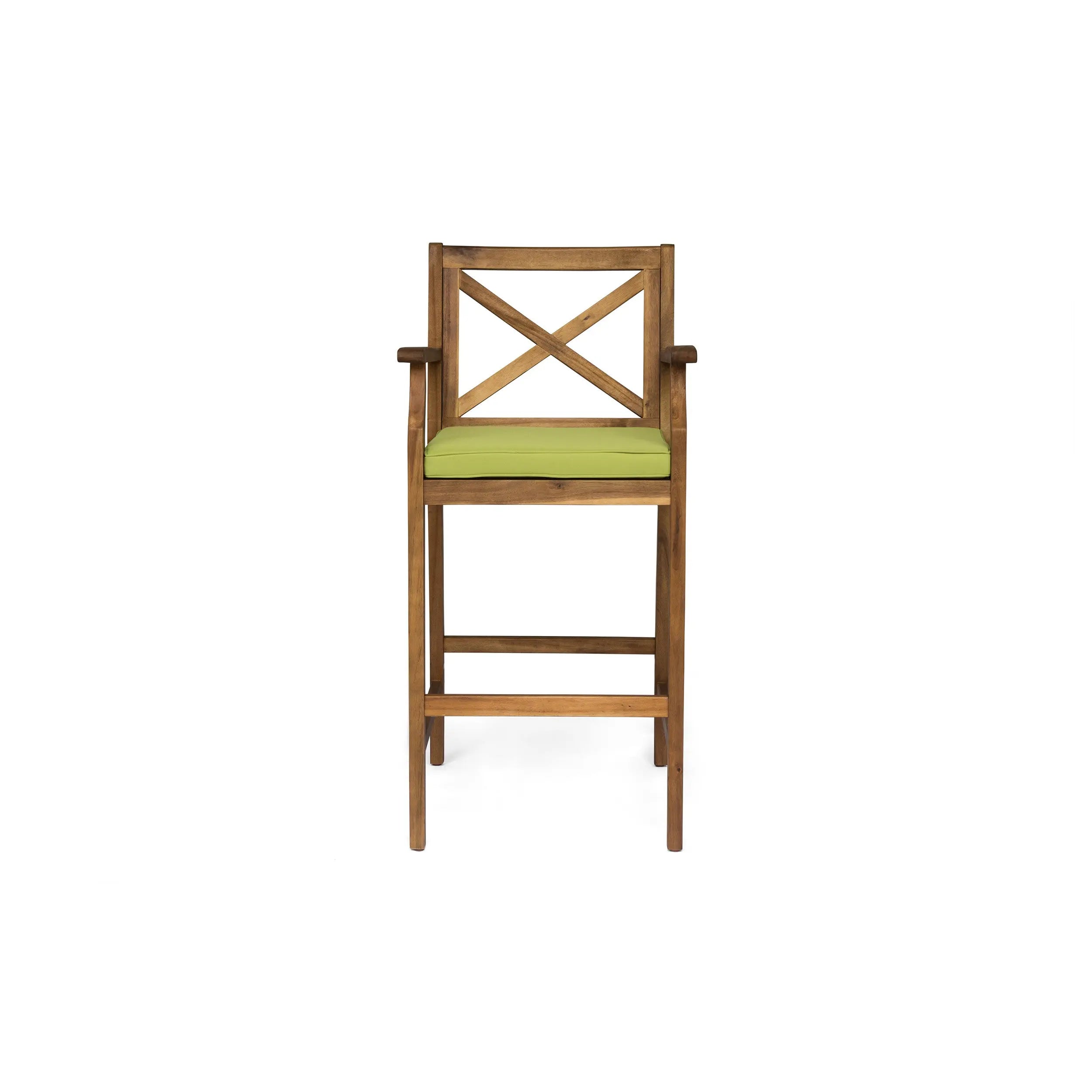 Set of Two 30" Natural and Green Solid Wood Outdoor Bar Height Chairs Homeroots Outdoor