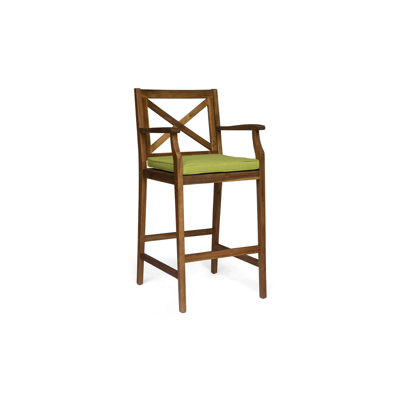 Set of Two 30" Natural and Green Solid Wood Outdoor Bar Height Chairs Homeroots Outdoor