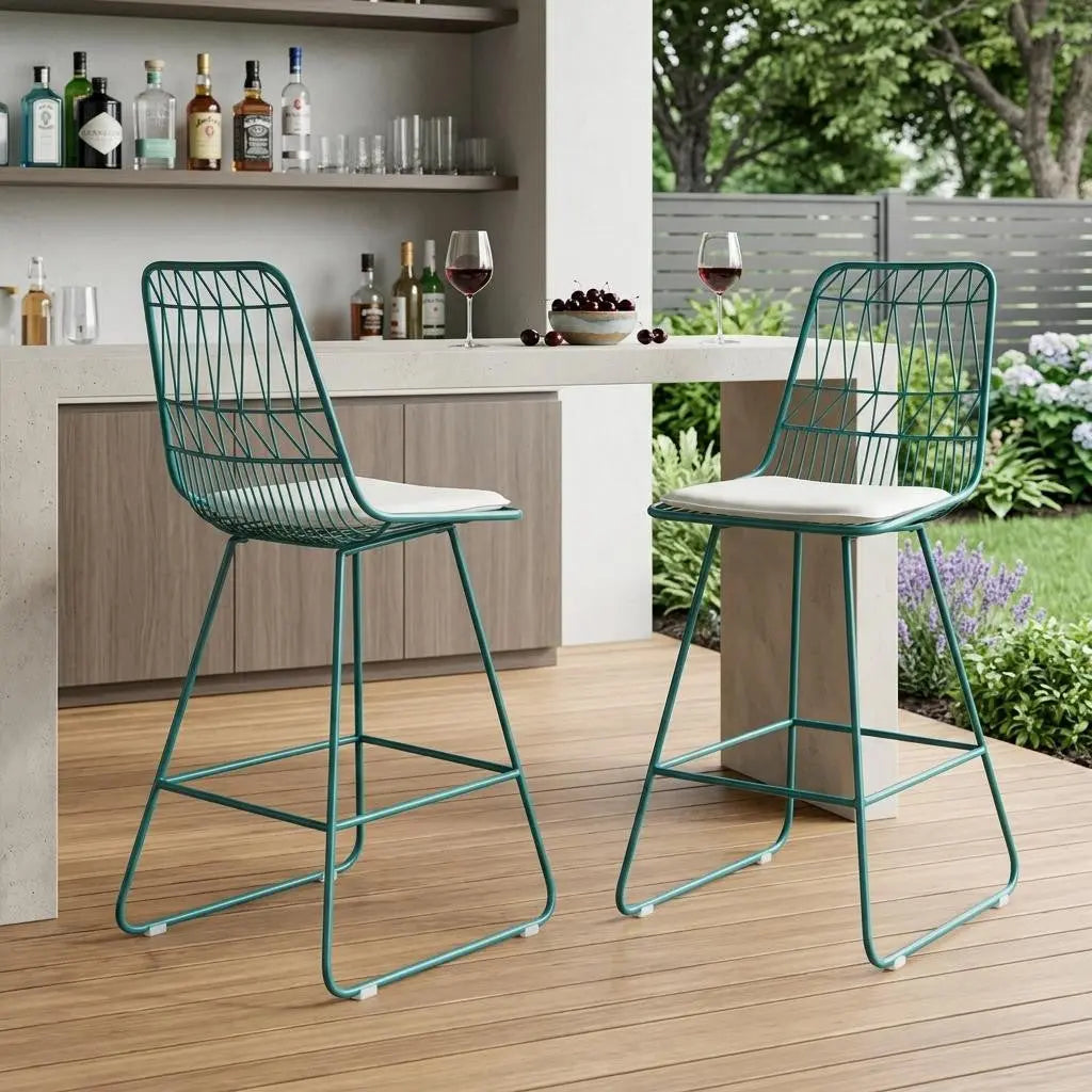 Set of Two 30" Teal Blue Iron Outdoor Bar Height Chairs Homeroots Outdoor