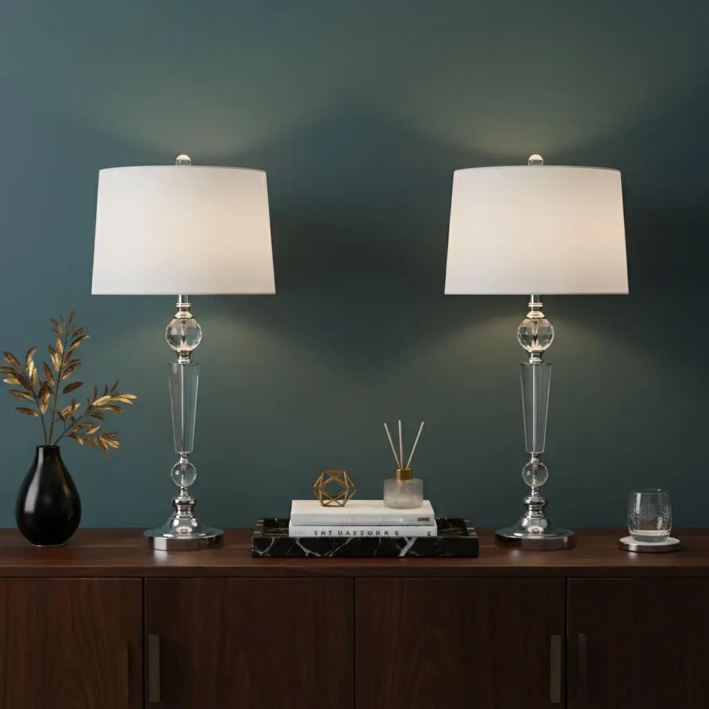 Set of Two 31" Clear And Silver Table Lamps With Drum Shades Homeroots Lighting