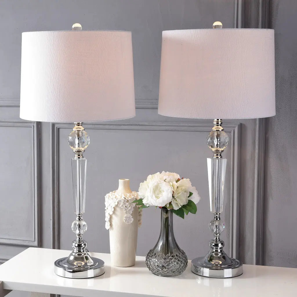 Set of Two 31" Clear And Silver Table Lamps With Drum Shades Homeroots Lighting
