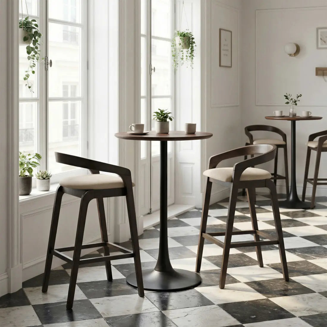 Set of Two 31" Gray and Espresso Fabric and Solid Wood Low Back Bar Height Bar Chairs Homeroots Living Room