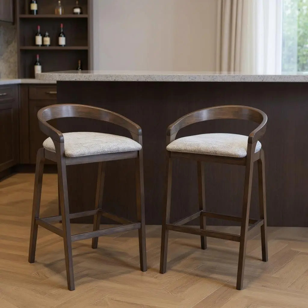 Set of Two 31" Gray and Espresso Fabric and Solid Wood Low Back Bar Height Bar Chairs Homeroots Living Room