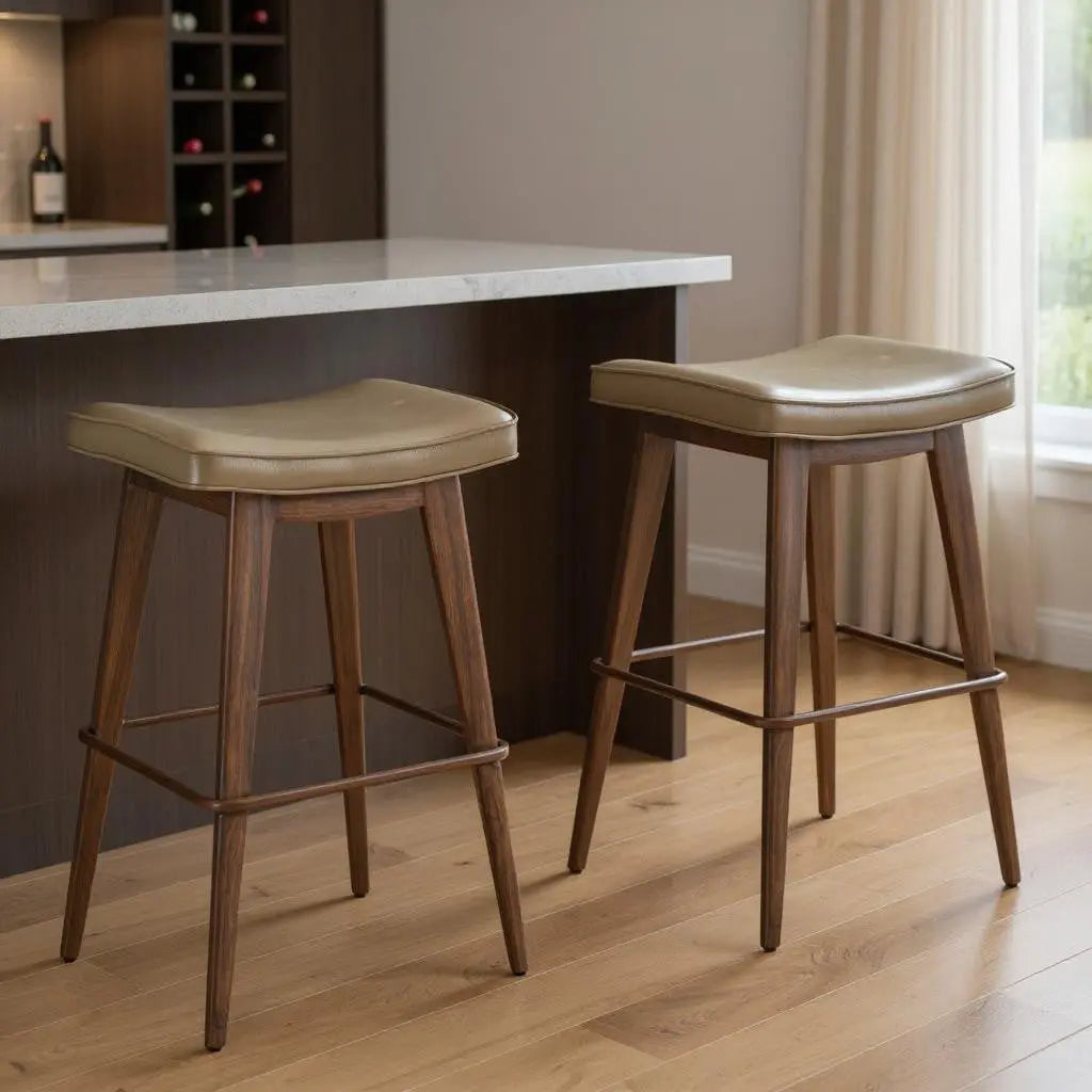 Set of Two 31" Taupe and Walnut Faux Leather and Steel Backless Bar Height Bar Chairs Homeroots Living Room