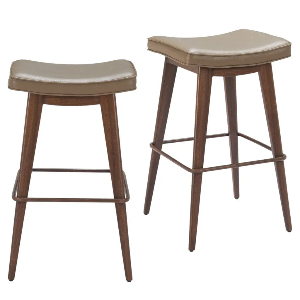 Set of Two 31" Taupe and Walnut Faux Leather and Steel Backless Bar Height Bar Chairs Homeroots Living Room
