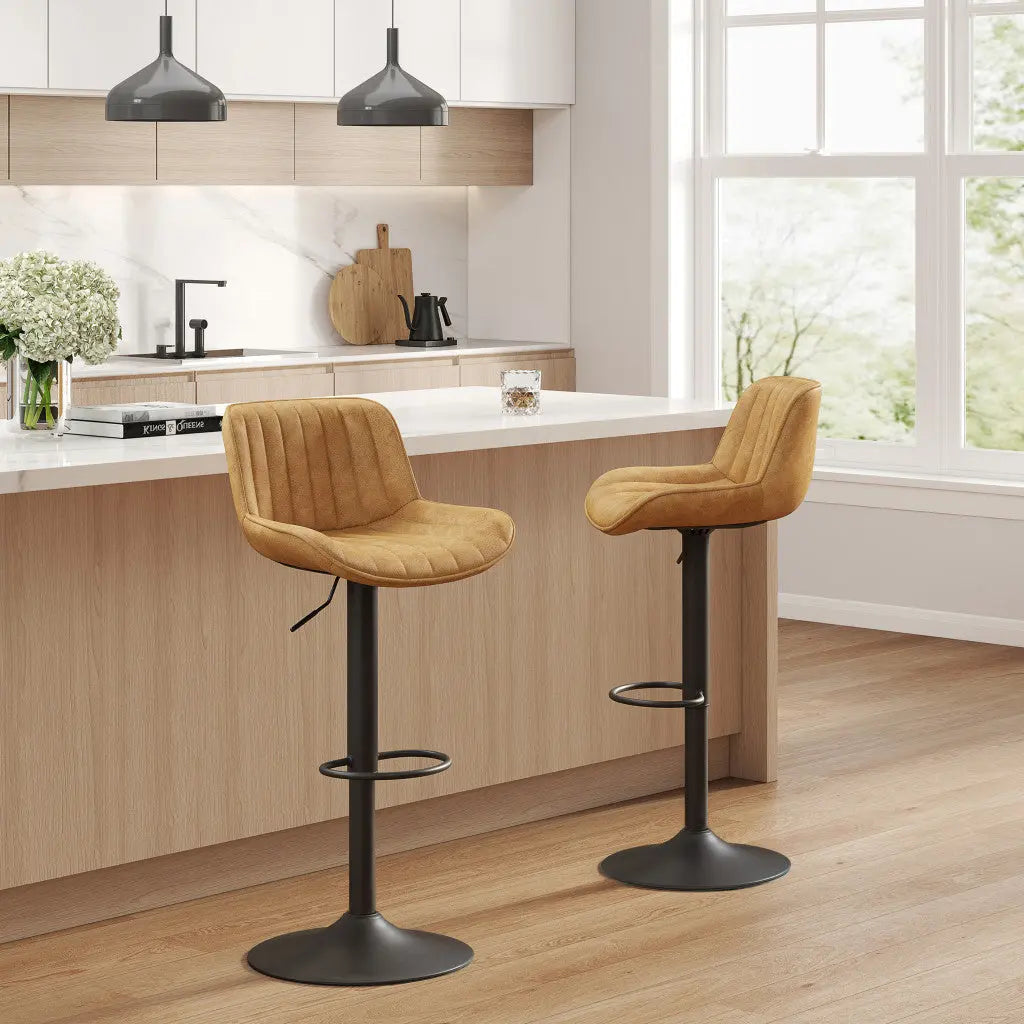Set of Two 31" Yellow And Black Faux Leather And Steel Swivel Low Back Adjustable Height Bar Chairs Homeroots Living Room