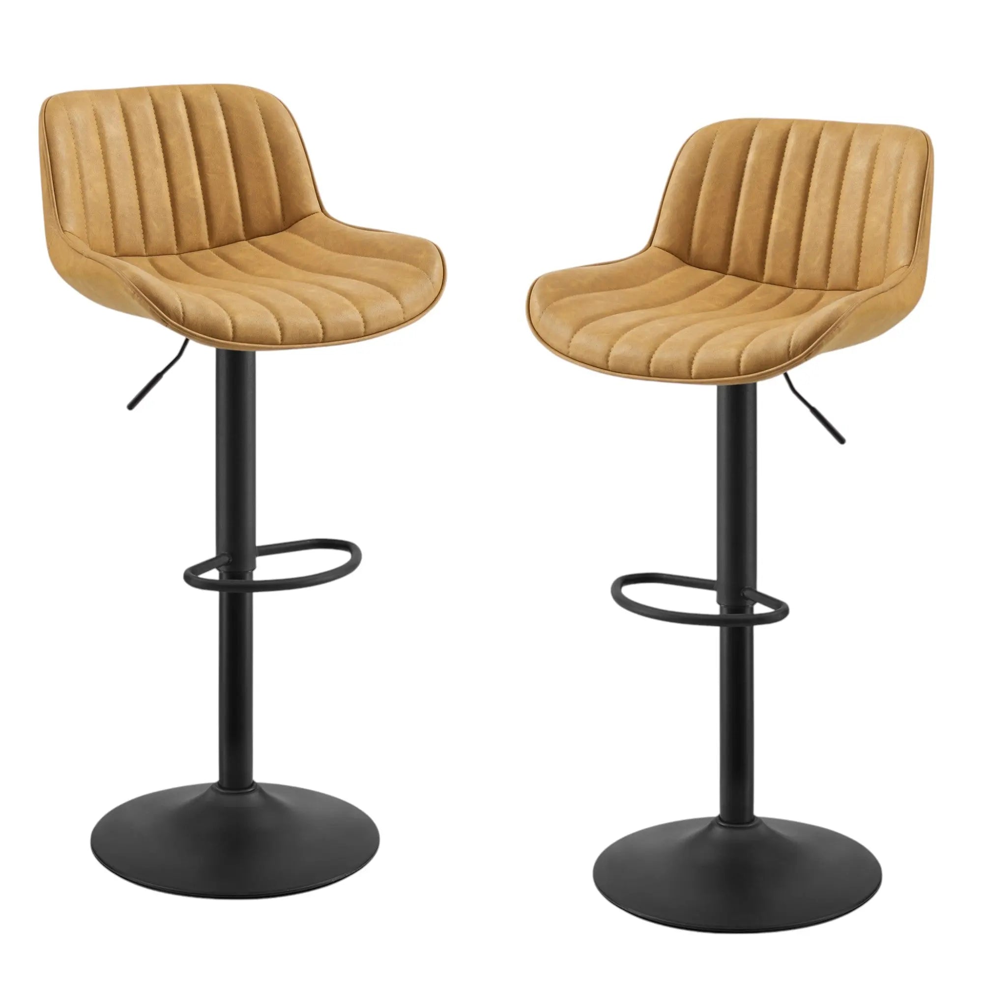 Set of Two 31" Yellow And Black Faux Leather And Steel Swivel Low Back Adjustable Height Bar Chairs Homeroots Living Room