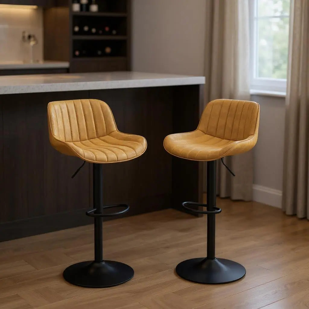 Set of Two 31" Yellow And Black Faux Leather And Steel Swivel Low Back Adjustable Height Bar Chairs Homeroots Living Room