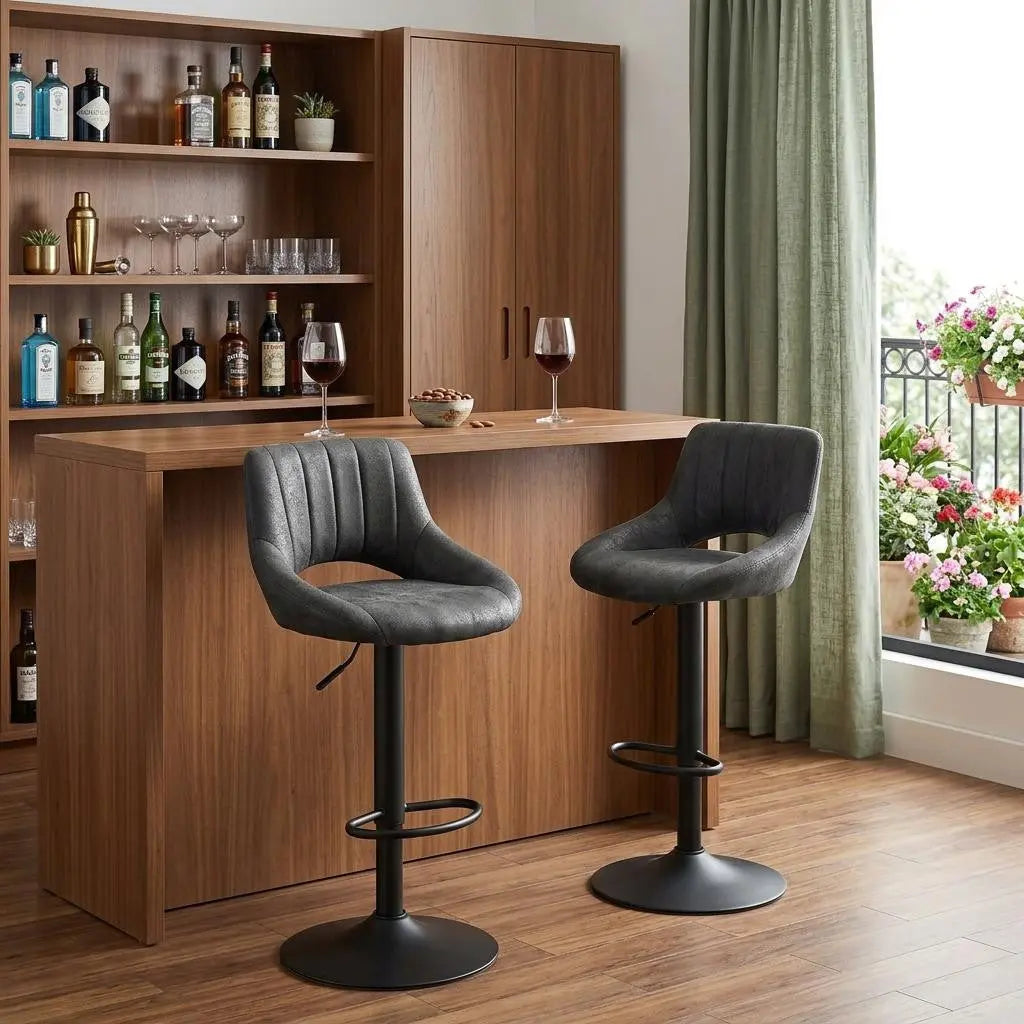 Set of Two 32" Black Faux Leather And Steel Swivel Low Back Adjustable Height Bar Chairs Homeroots Living Room
