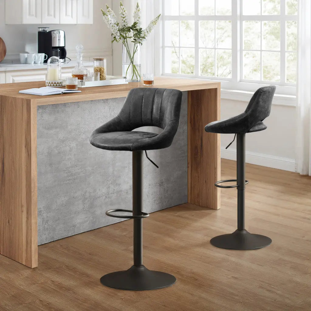 Set of Two 32" Black Faux Leather And Steel Swivel Low Back Adjustable Height Bar Chairs Homeroots Living Room