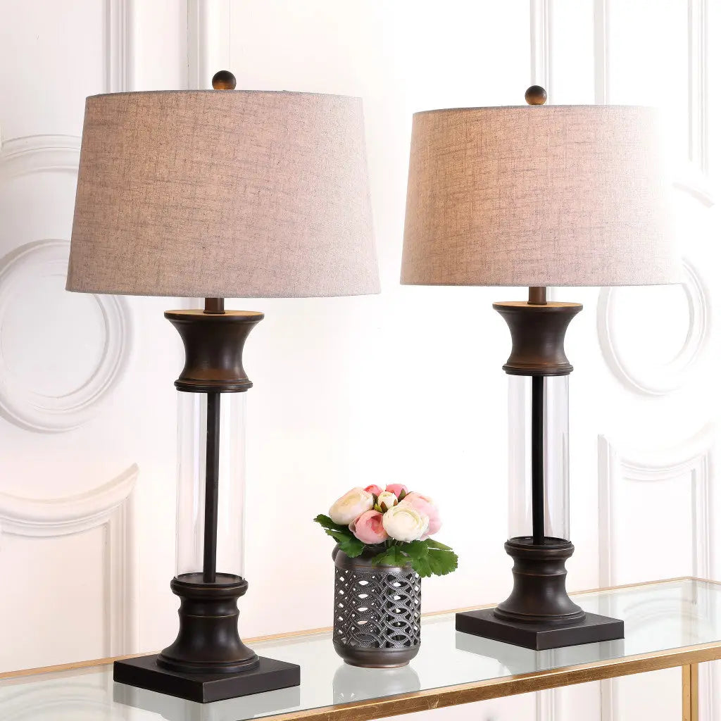 Set of Two 32" Bronze Novelty Table Lamps With Empire Shades Homeroots Lighting