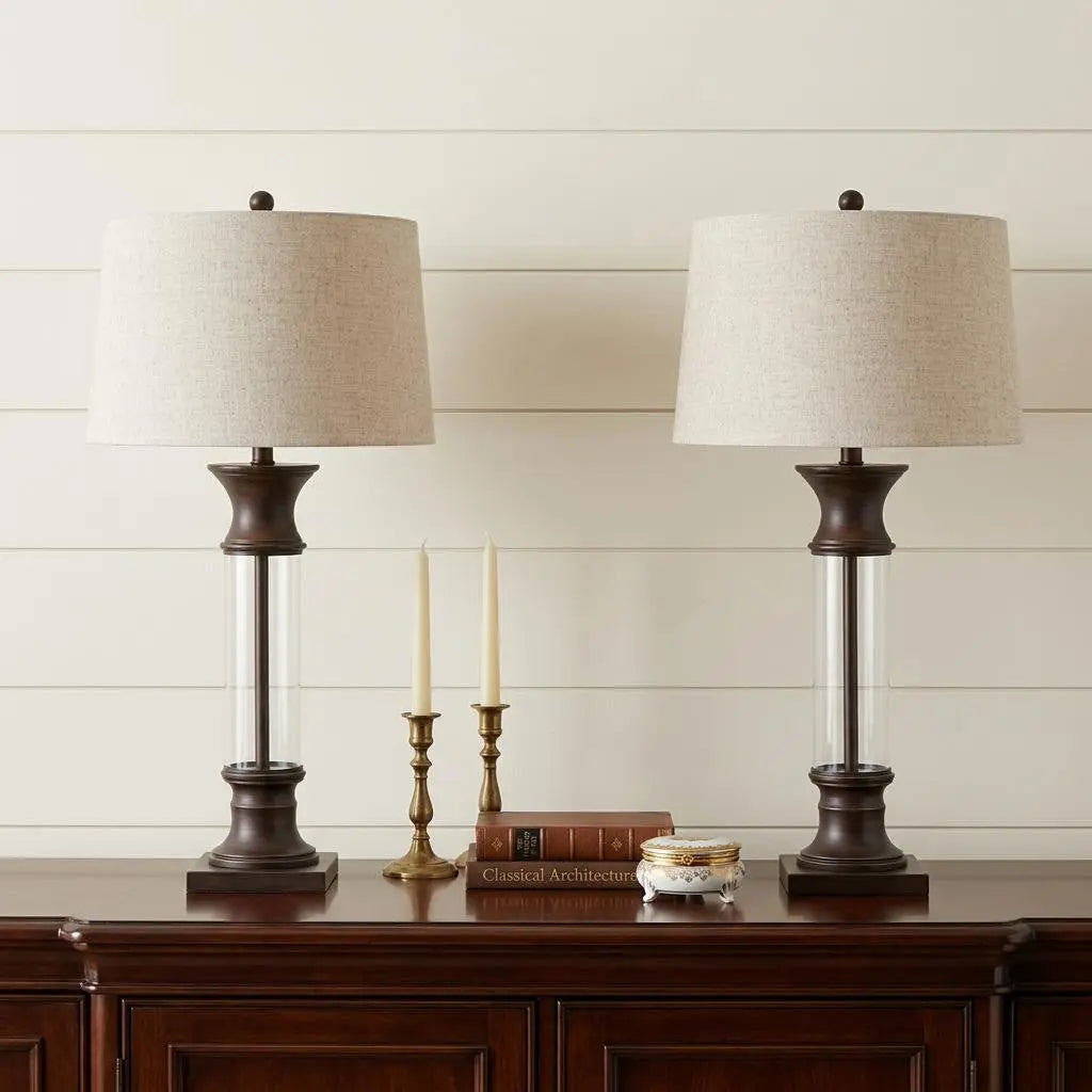 Set of Two 32" Bronze Novelty Table Lamps With Empire Shades Homeroots Lighting