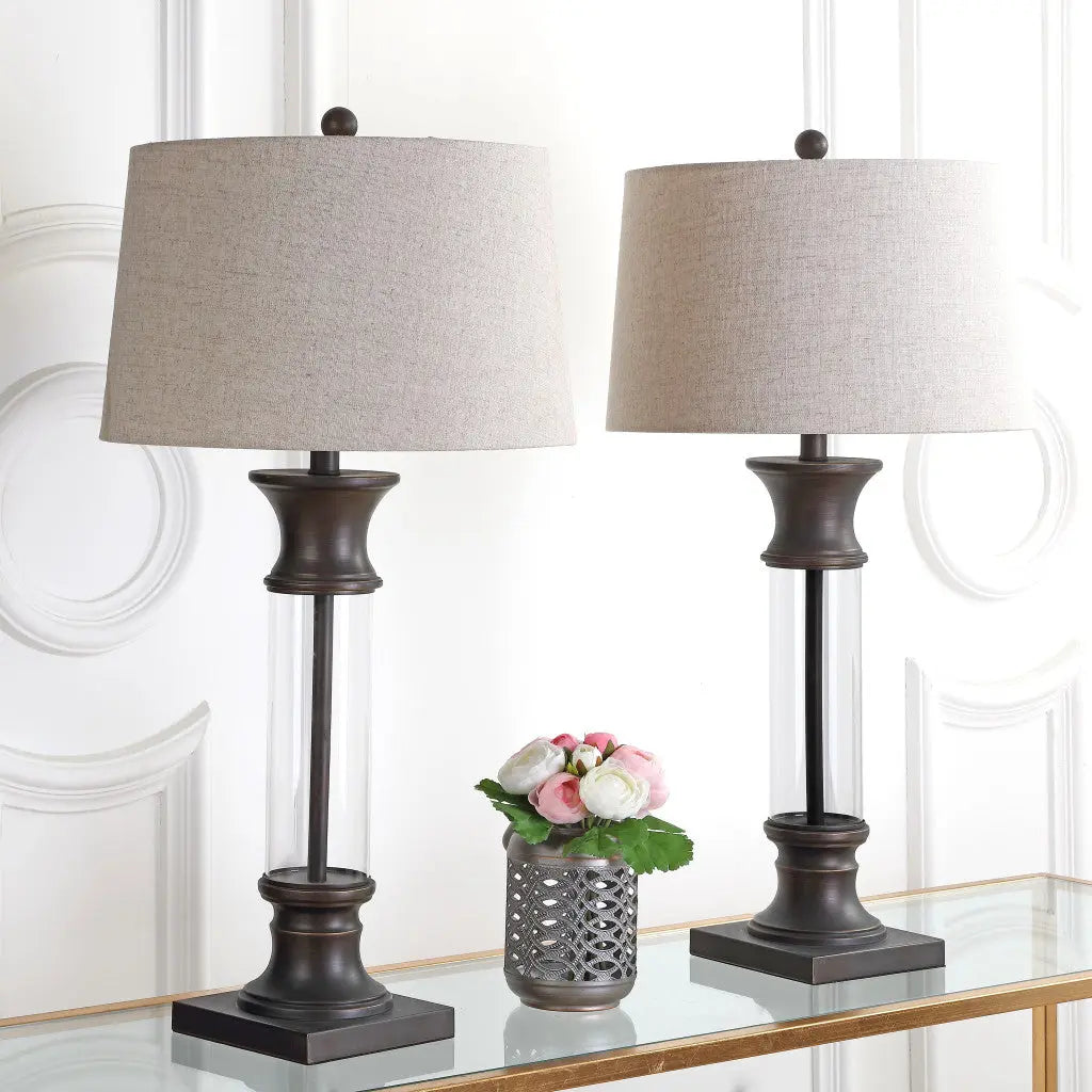 Set of Two 32" Bronze Novelty Table Lamps With Empire Shades Homeroots Lighting