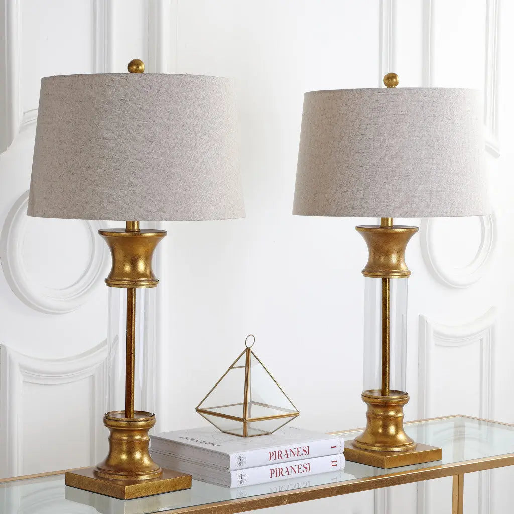 Set of Two 32" Gold Novelty Table Lamps With Drum Shades Homeroots Lighting