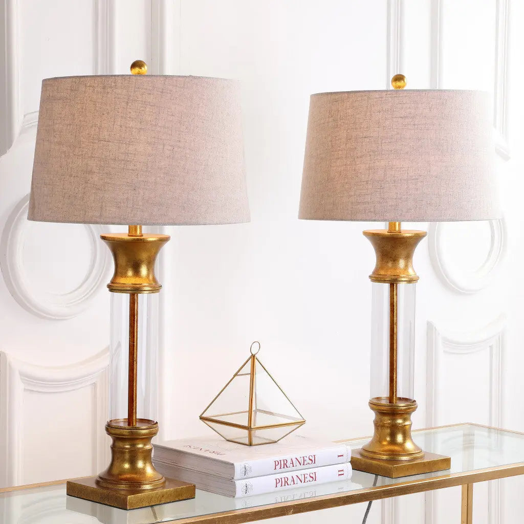 Set of Two 32" Gold Novelty Table Lamps With Drum Shades Homeroots Lighting