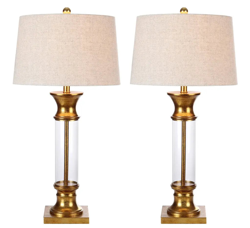 Set of Two 32" Gold Novelty Table Lamps With Drum Shades Homeroots Lighting
