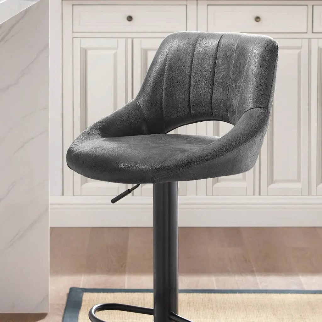 Set of Two 32" Gray And Black Faux Leather And Steel Swivel Low Back Adjustable Height Bar Chairs Homeroots Living Room