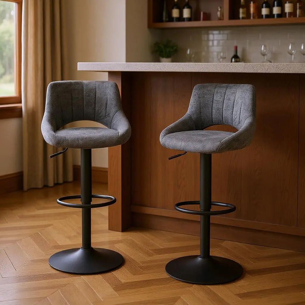 Set of Two 32" Gray And Black Faux Leather And Steel Swivel Low Back Adjustable Height Bar Chairs Homeroots Living Room